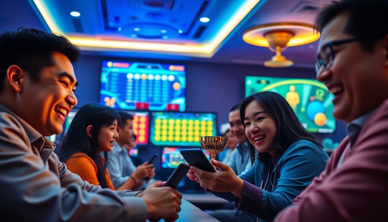 Adegan permainan online TogelSumo yang menampilkan pemain gembira dan visual lotere yang meriah.