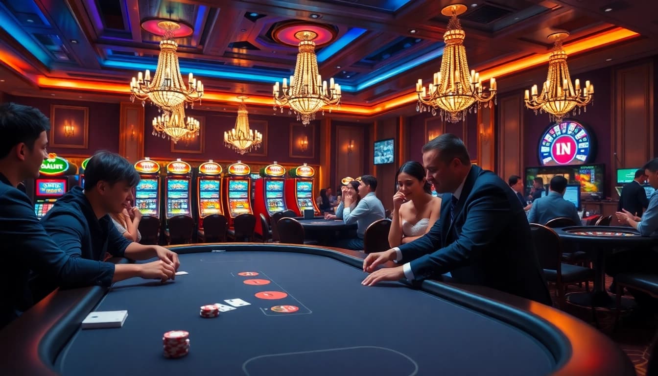 The excitement of high-stakes poker at https://lauthaitv3.com/ with players at a luxurious casino table.