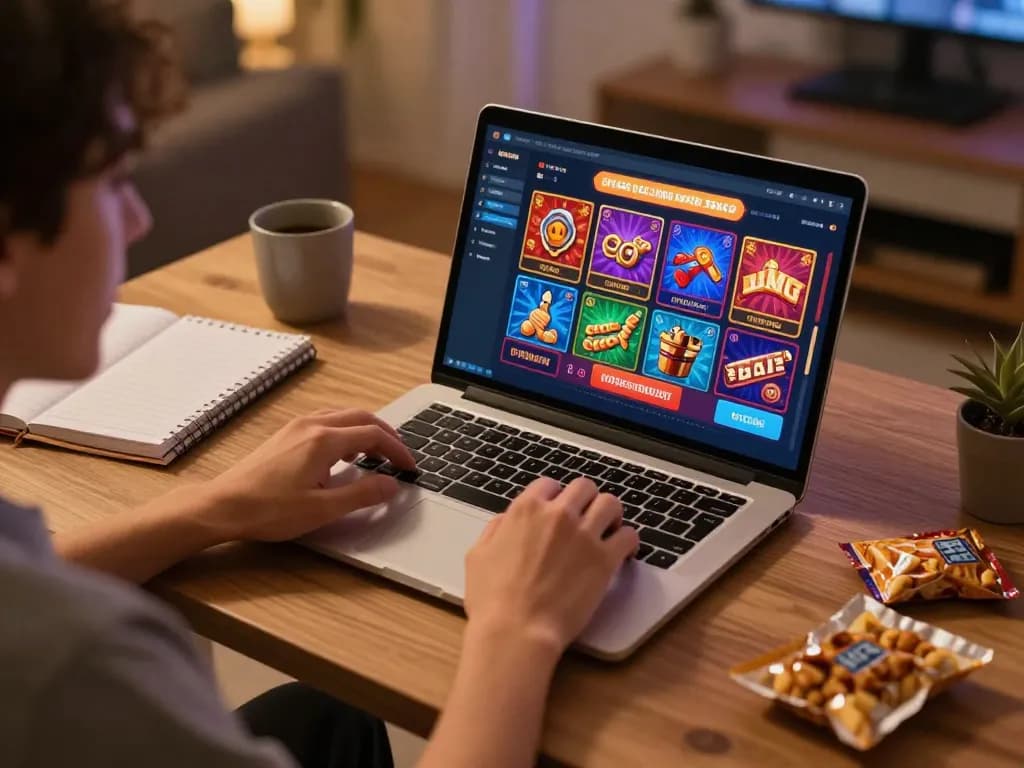 Playing giochi casino gratis senza registrazione on a laptop at home, showcasing an engaging online gaming experience.