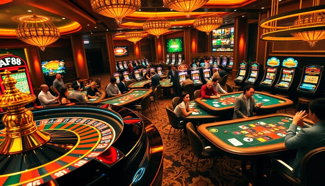 Exciting casino scene featuring AF88 inspired poker tables and vibrant slot machines.