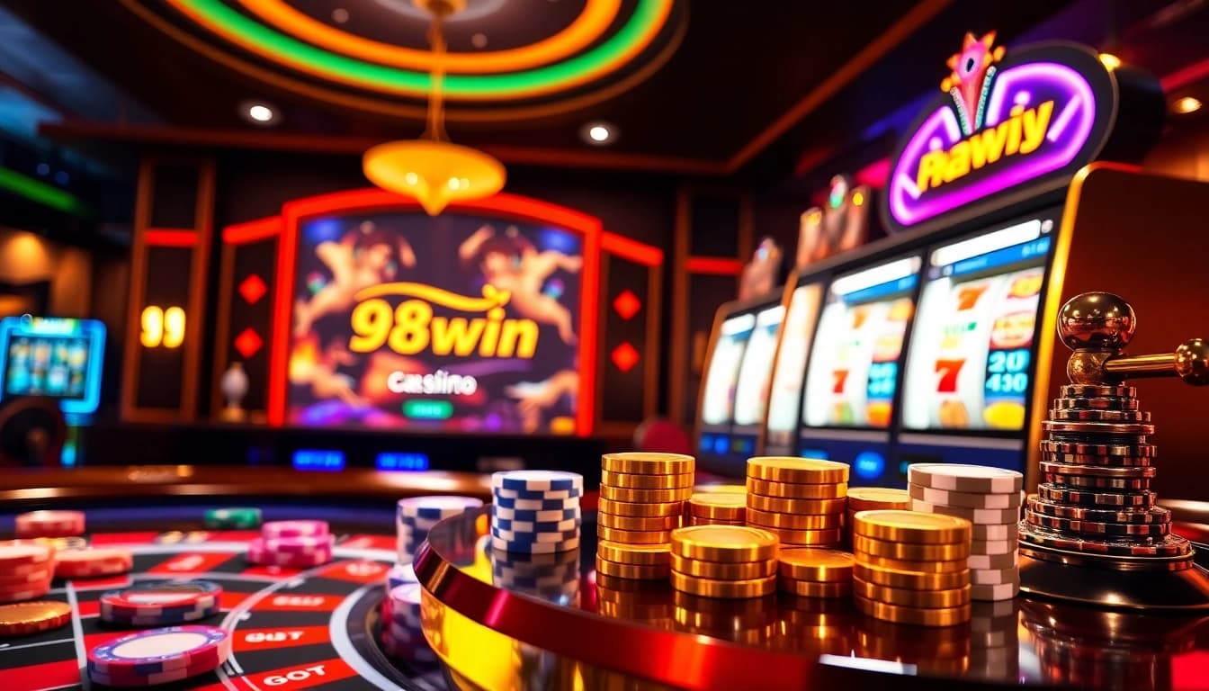 Engaging scene depicting 98win đăng nhập with poker chips and a roulette wheel highlighting casino excitement.