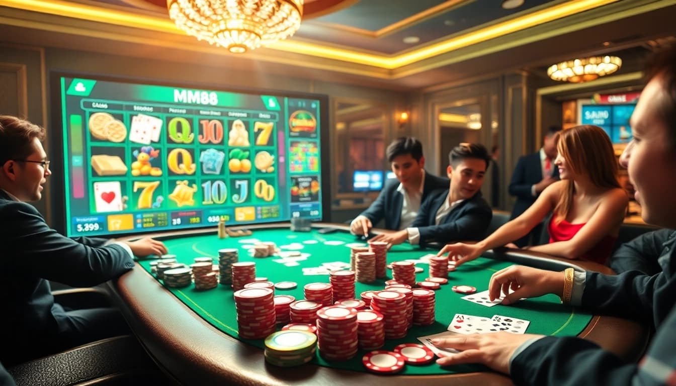 Players enjoying a thrilling poker game and online gambling at MM88 casino.