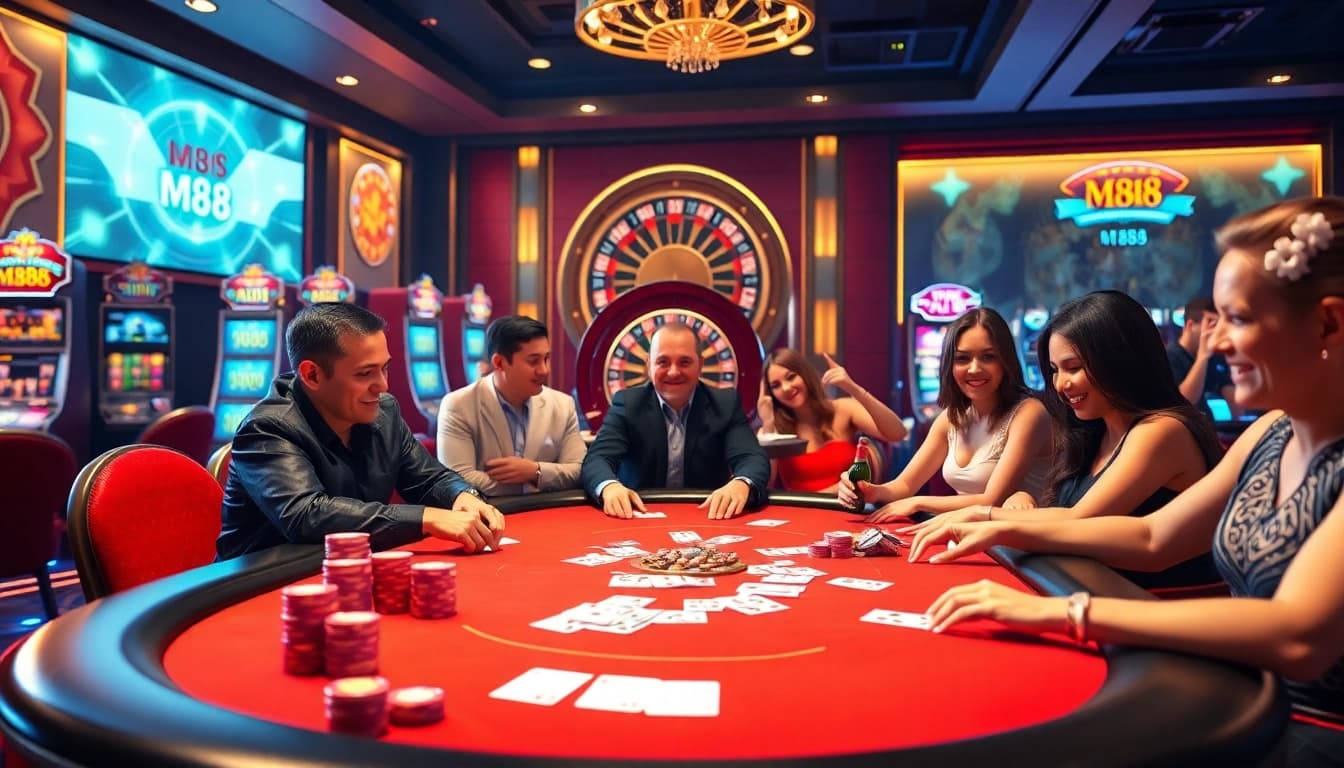 MM88 players celebrating their wins at a luxurious casino with poker tables and slot machines.