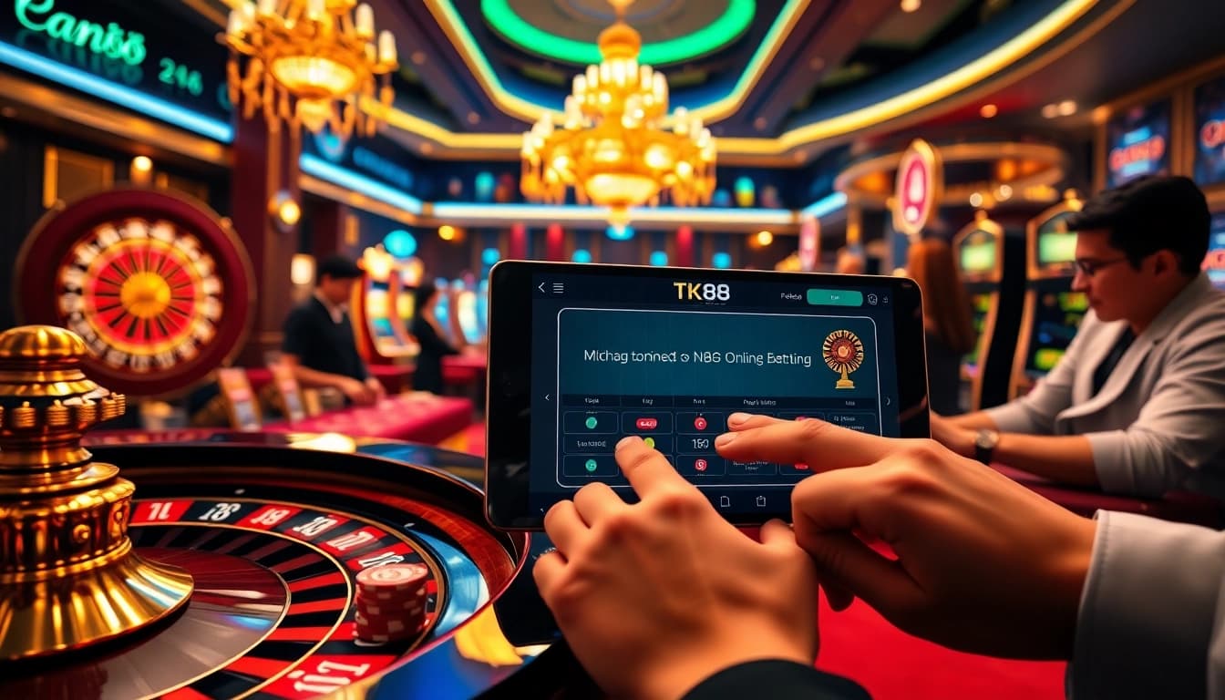 Immersive gambling scene featuring Nhà cái TK88's vibrant casino atmosphere with roulette, poker chips, and players.