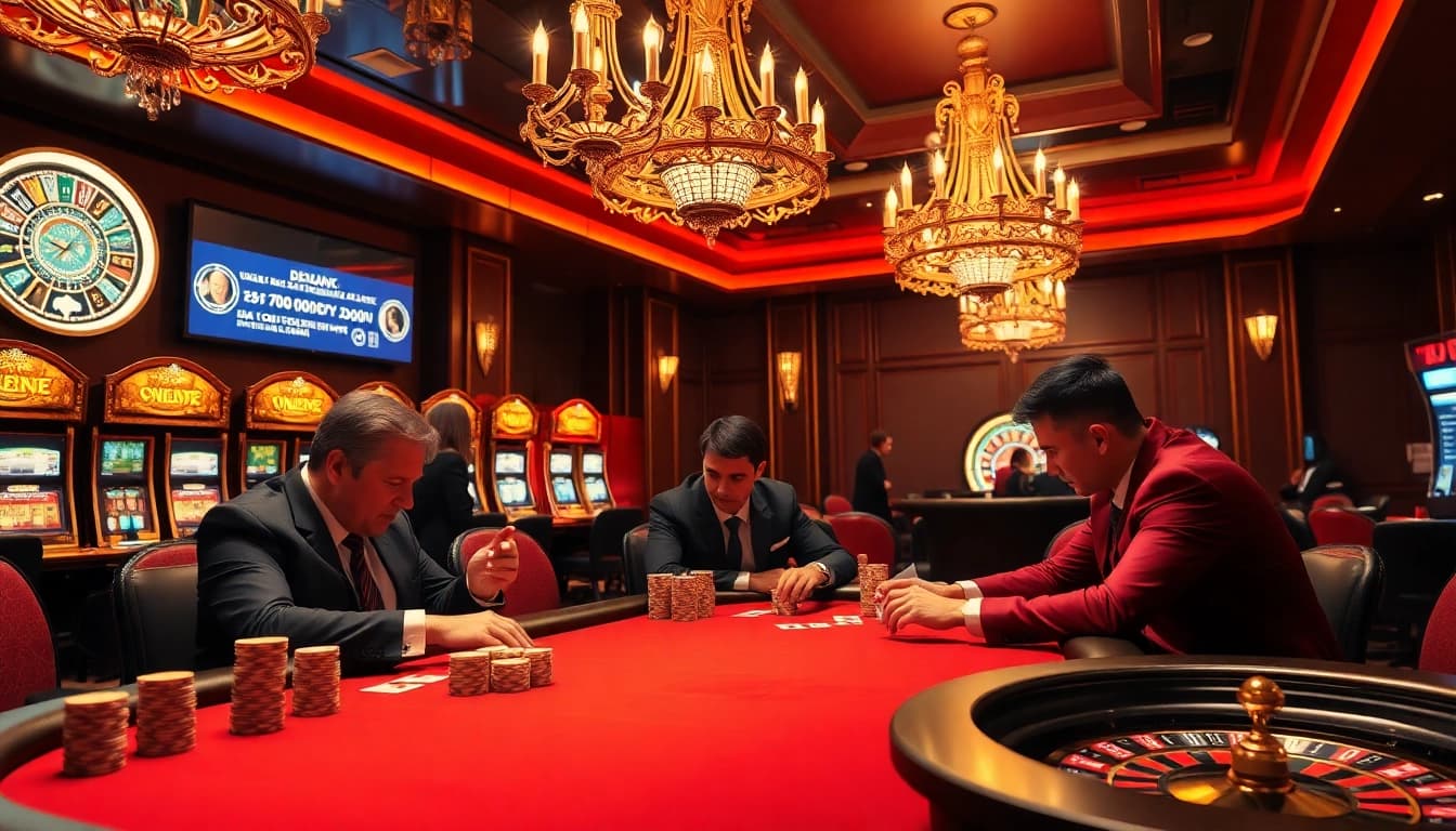 VMAX players enjoying a high-stakes poker game in an elegant casino setting.