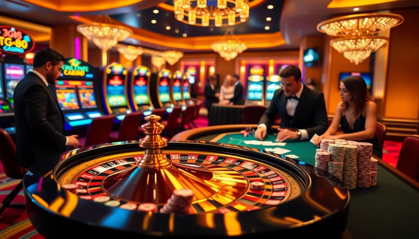 Players enjoying table games and slots at tg88's luxurious casino.