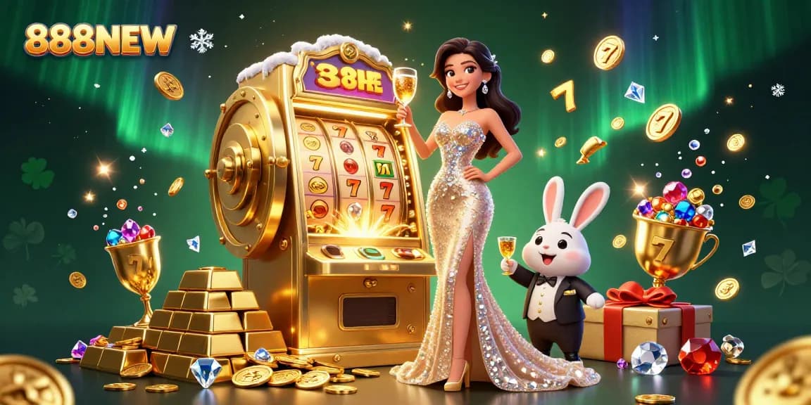 Join the excitement at 888NEW with a glamorous atmosphere featuring a jackpot slot machine and elegant croupier.