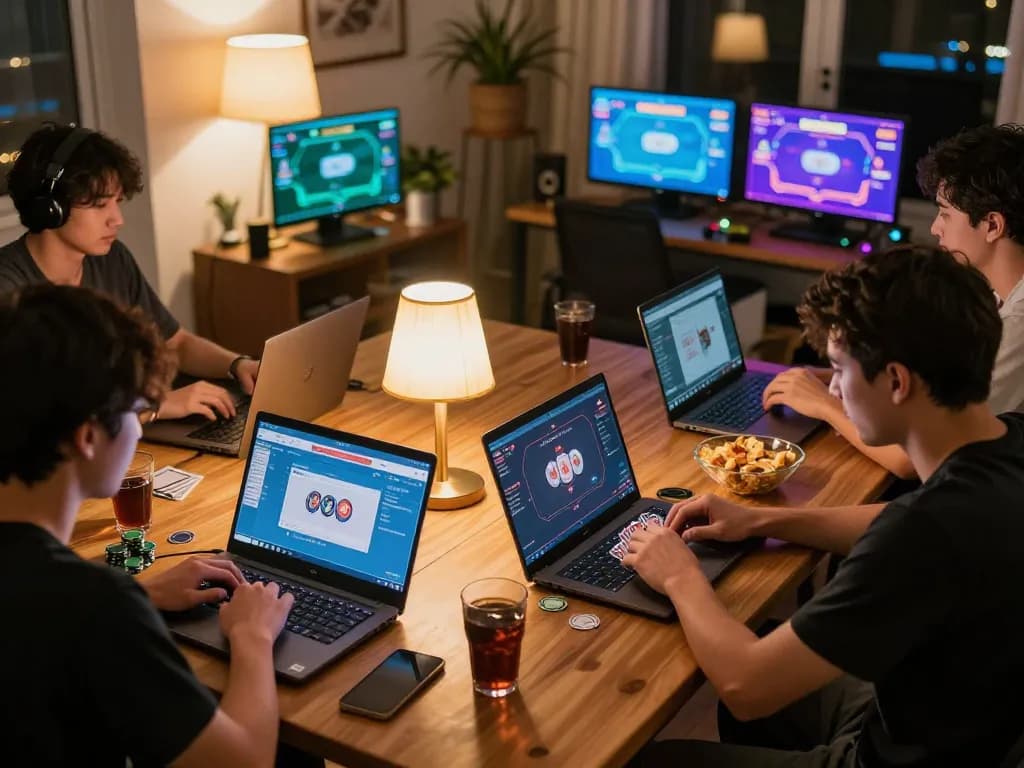 Players enjoying an engaging online poker experience with fly88 in a cozy setting