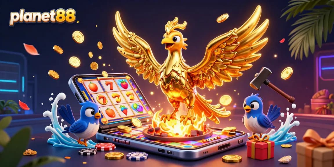 Experience thrilling wins with planet88's molten phoenix amidst vibrant slot games and golden treasures.