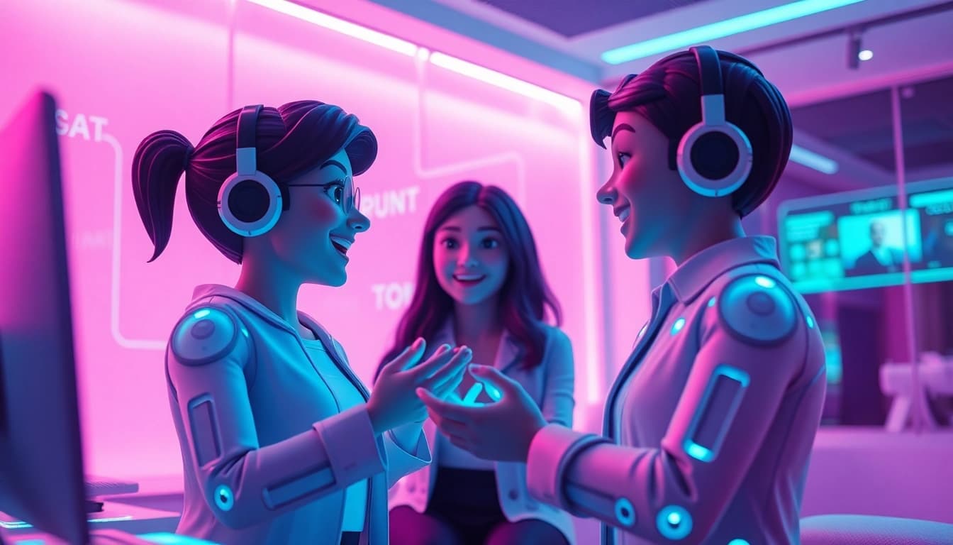 Dynamic AI sex chat free interactions with animated avatars in a modern digital space.