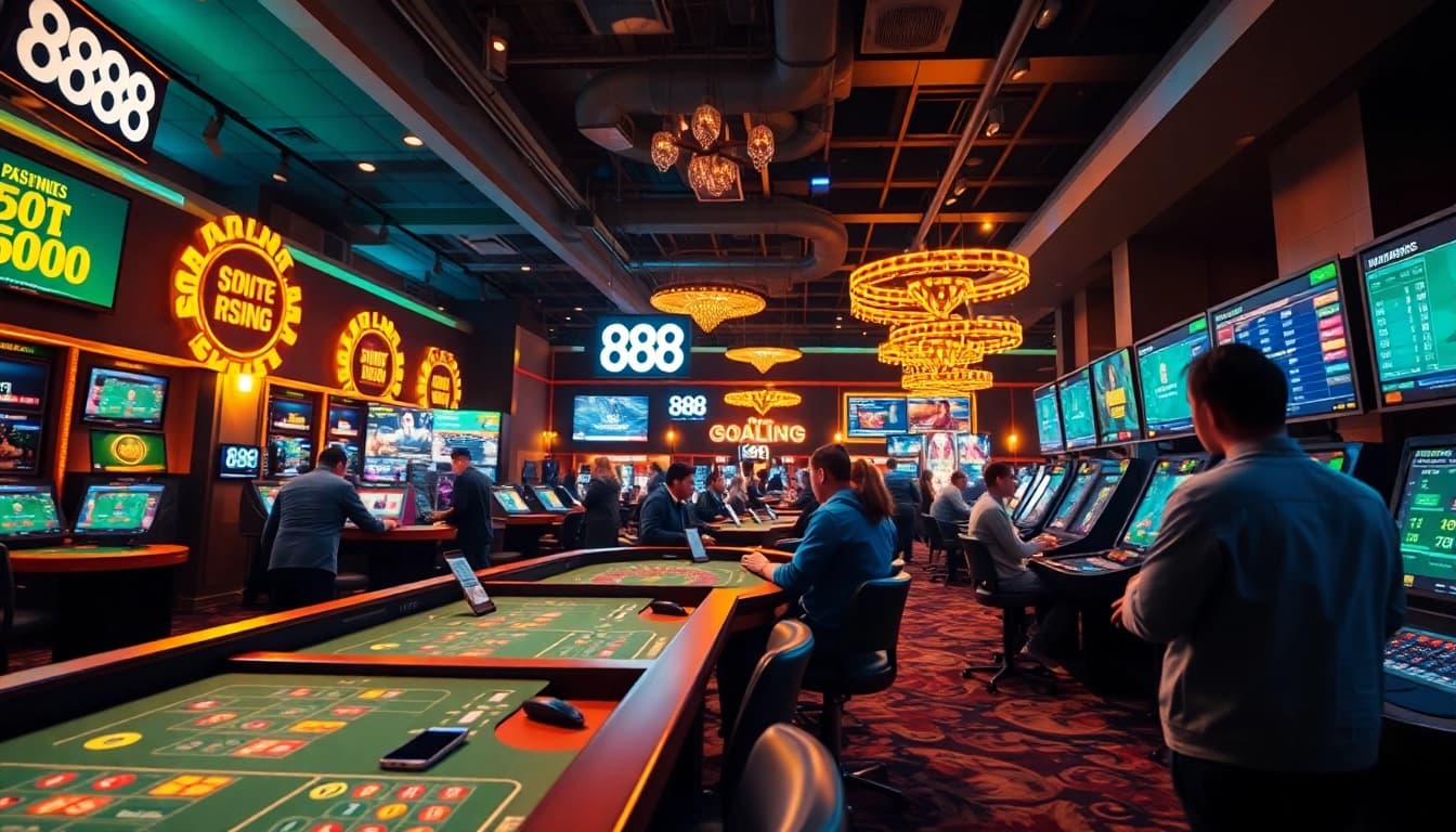 Dynamic gaming atmosphere at 888new showcasing sports betting, casino games, and responsible gambling.