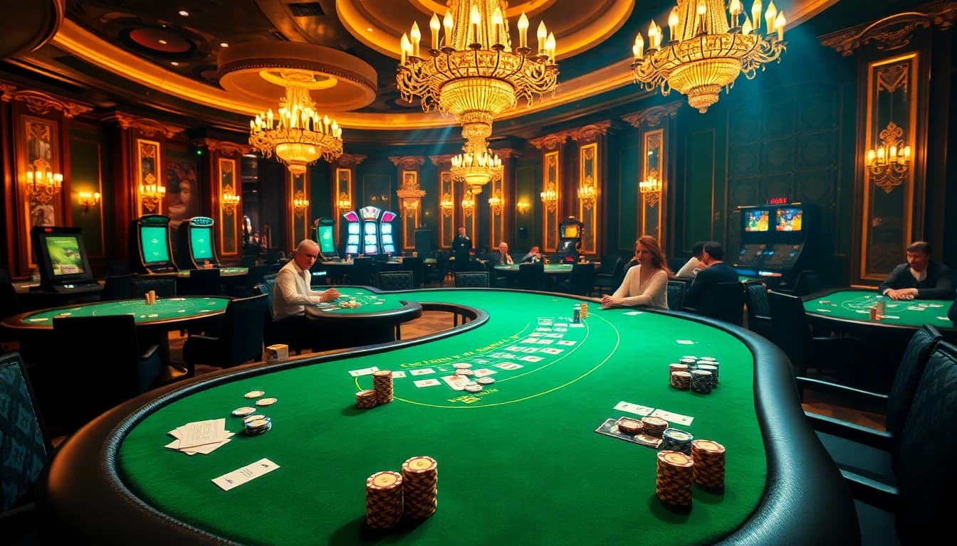 Engaging scene of high-stakes poker and vibrant casino ambiance at hitclub0.com
