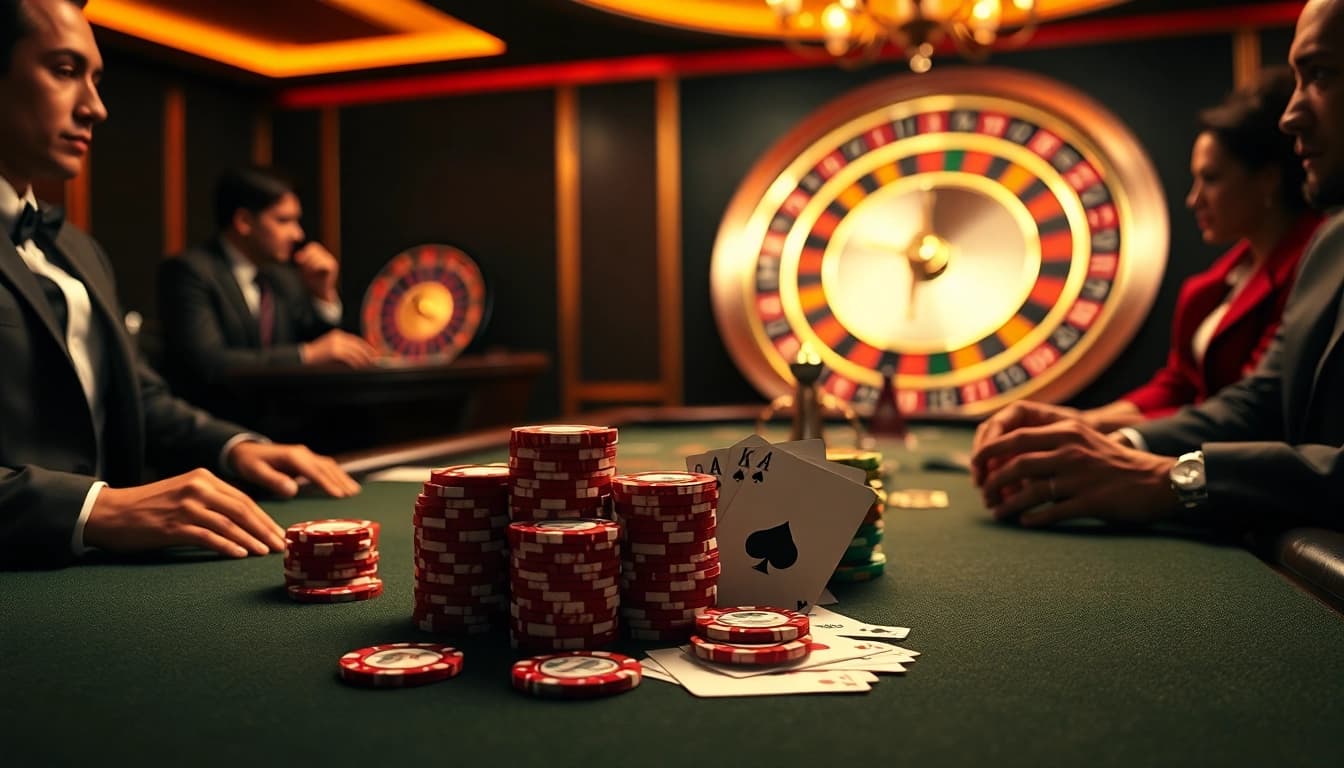 Players strategizing at a poker table with BDTK666, emphasizing luxury and excitement in gambling.