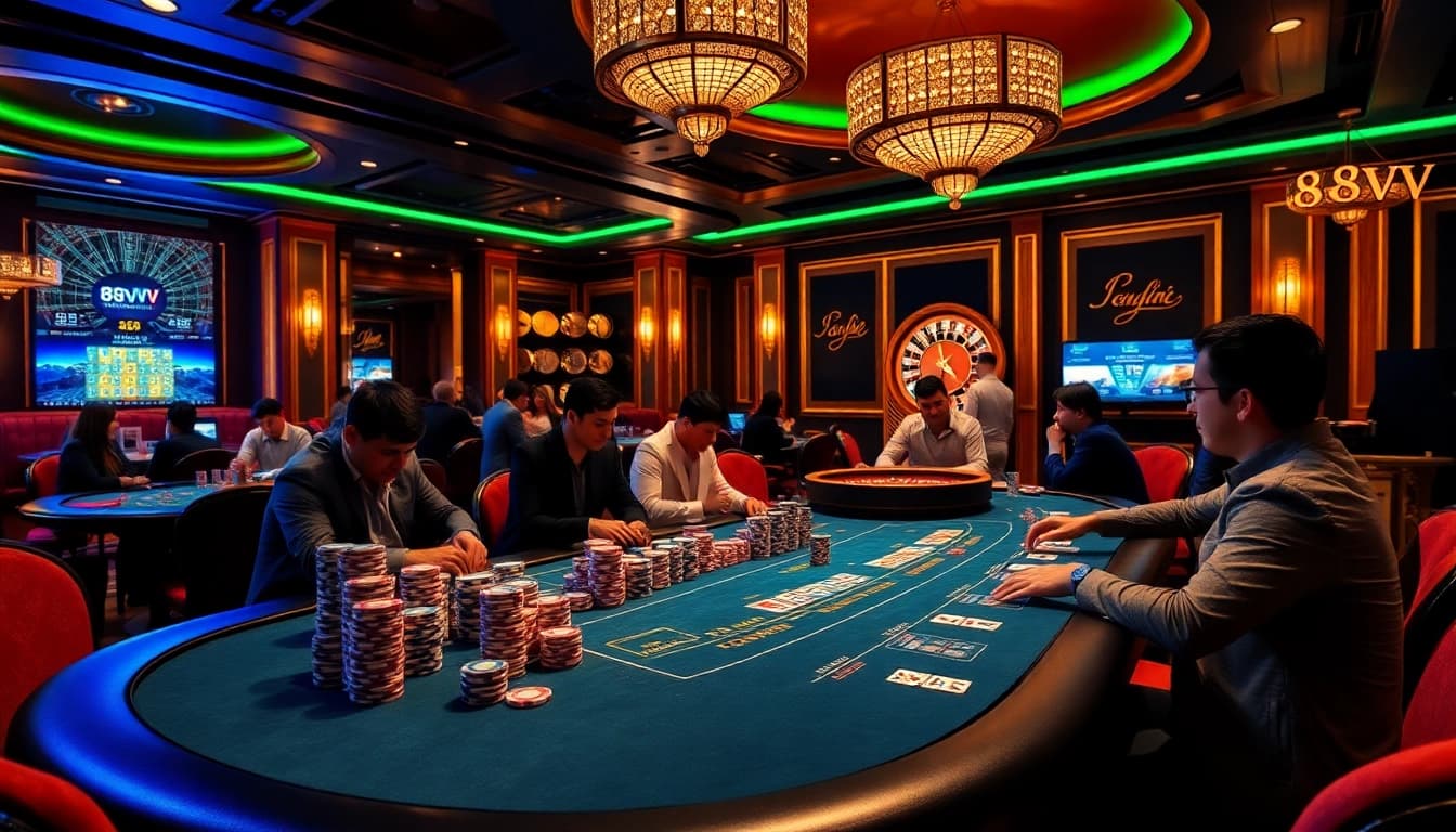Engaged players enjoying an exciting poker game at 88vv's luxurious casino table.