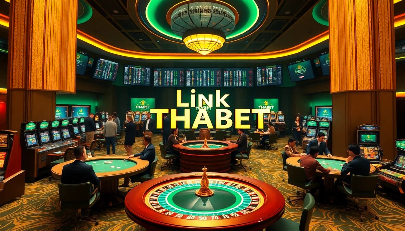 Experience the thrill of betting with the Link THABET logo at a luxurious casino featuring lively gaming tables and slot machines.