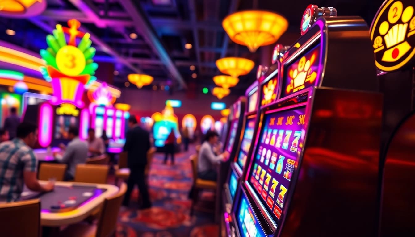 Interwin menampilkan mesin slot yang ramai dengan pemain bersemangat di kasino.