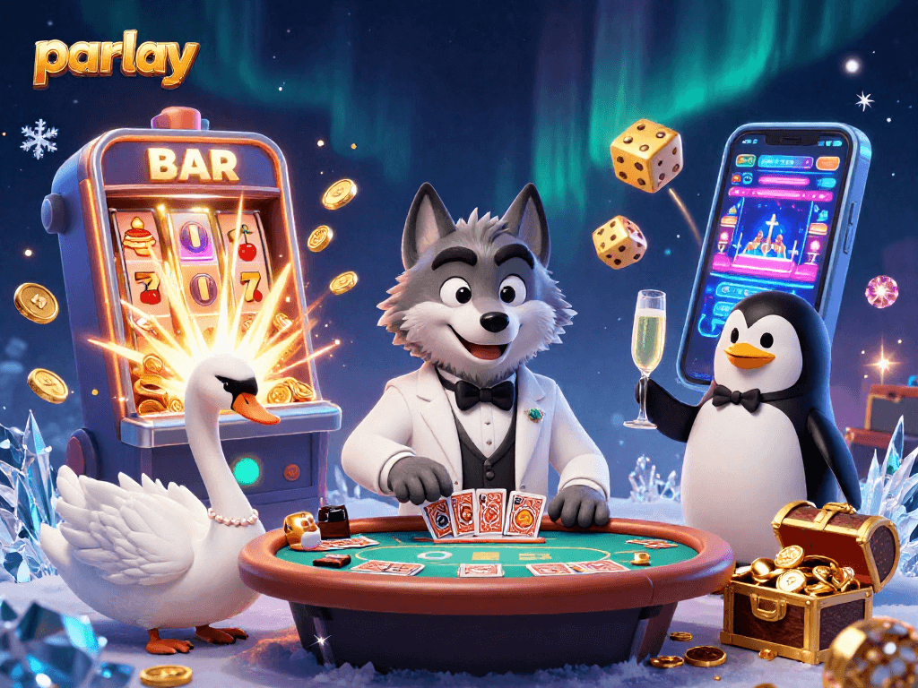 Experience parlay betting with lively characters and a dynamic casino background