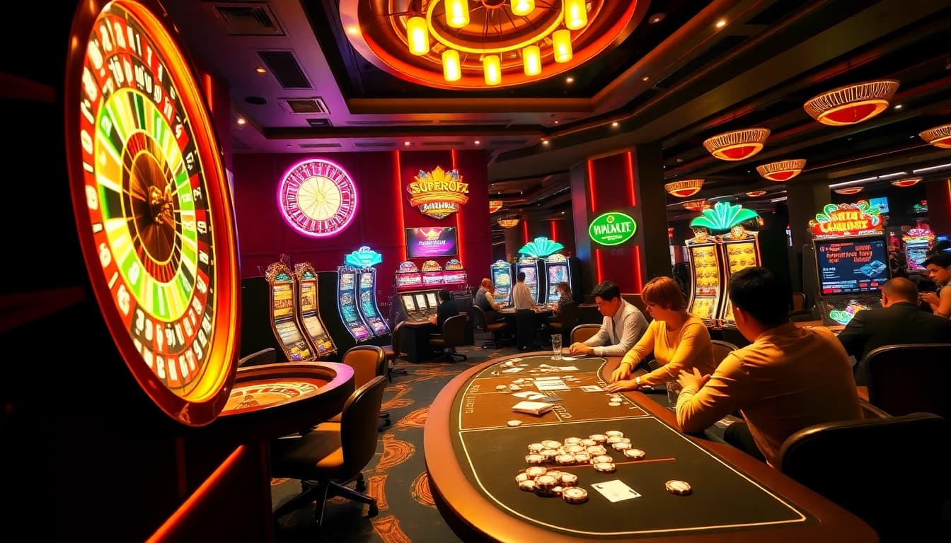 Start your journey with SuperPH at a vibrant casino scene showcasing roulette, slots, and players enjoying card games.