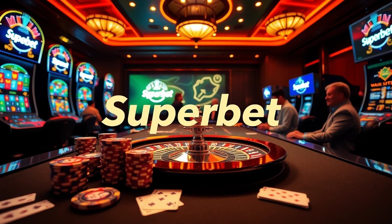 Players enjoying a thrilling game at a Superbet casino table with poker chips and roulette.