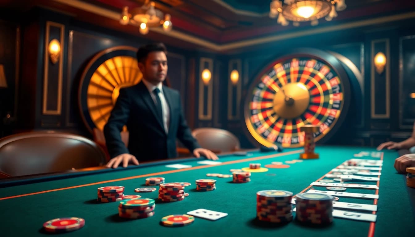 Players engage at a vibrant 11UU casino table, showcasing poker chips and cards in an elegant gaming atmosphere.