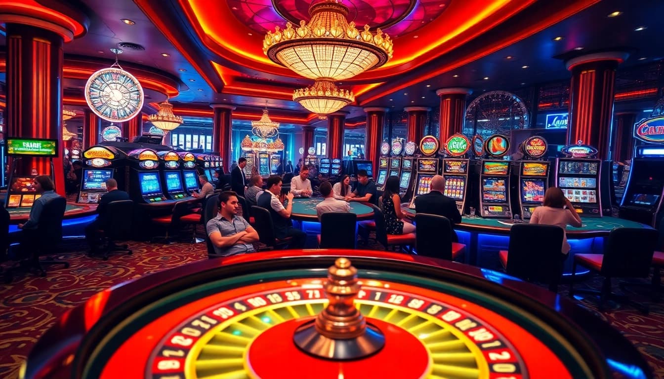 Engaging gamblers at a luxury casino with nohu-themed poker tables and vibrant slot machines.