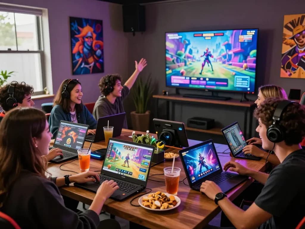 Engaging friends enjoying sex games online in a vibrant gaming lounge atmosphere.