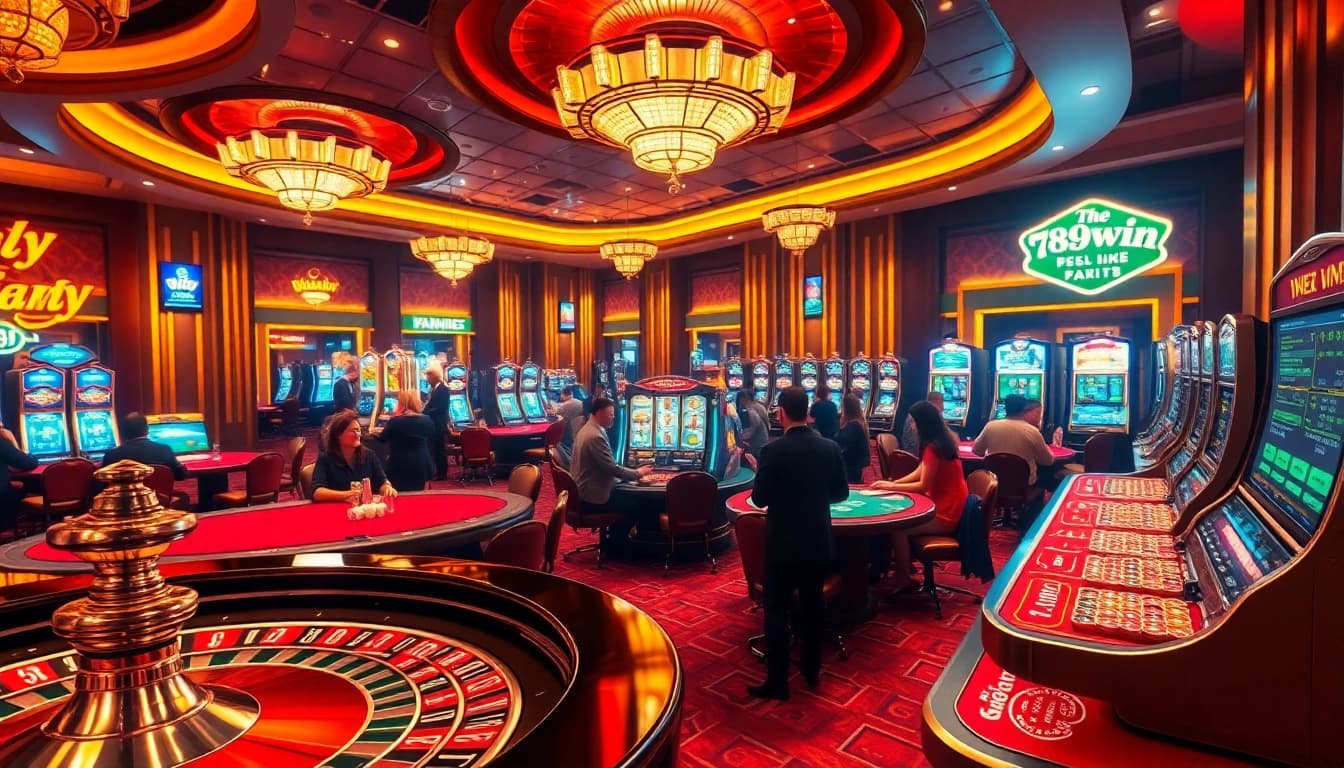 Players enjoying the excitement of 789win with vibrant slot machines and roulette tables in a luxurious casino.