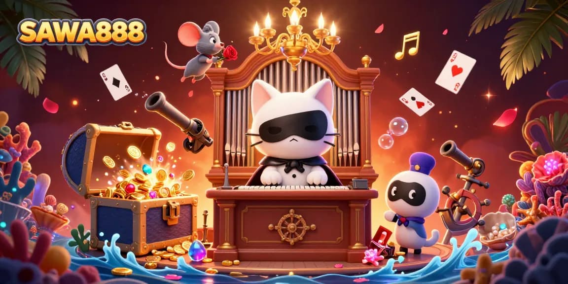 Experience the excitement of SAWA888 with a dynamic casino scene featuring colorful gems and vibrant characters.