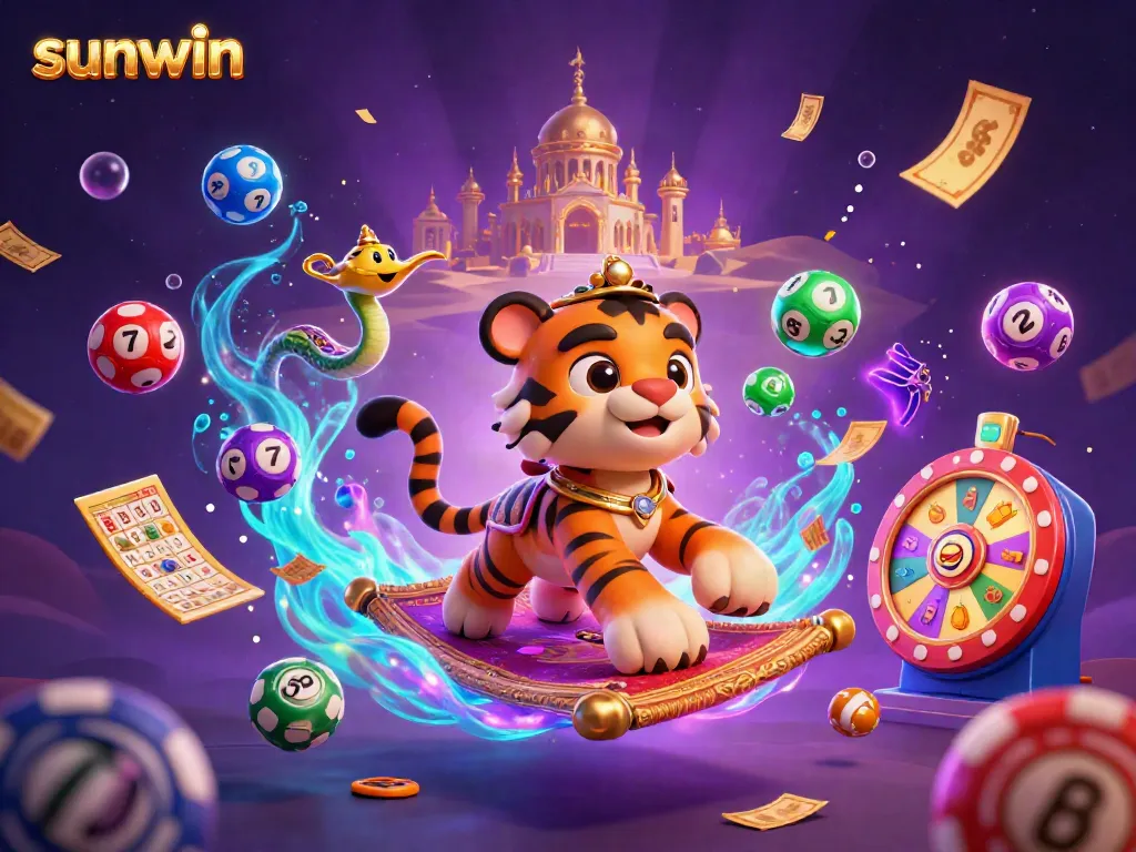 Experience big winnings with sunwin on a dynamic flying carpet surrounded by colorful game elements.