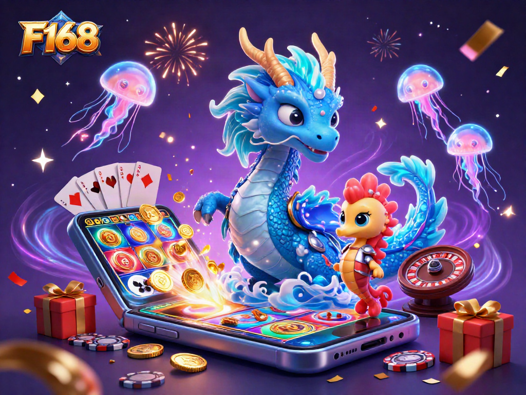 Experience the thrill of F168 with a vibrant 3D casino scene featuring a water dragon and gaming elements.
