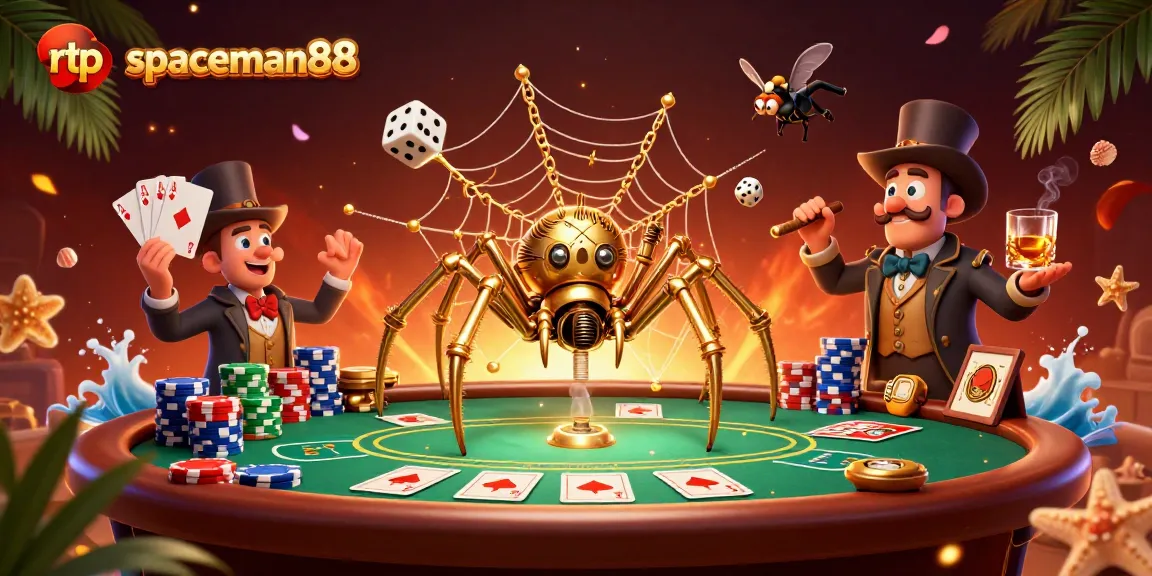 Engage with thrilling rtp spaceman88 gameplay, featuring a steampunk spider and dice in an inviting casino scene.
