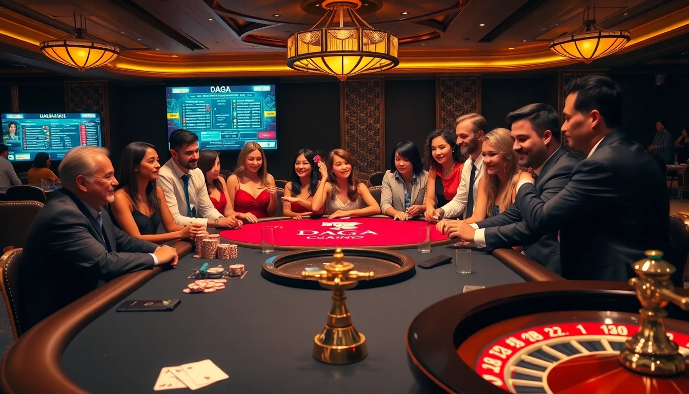 DAGA players enjoying an exhilarating casino experience with poker and roulette tables.