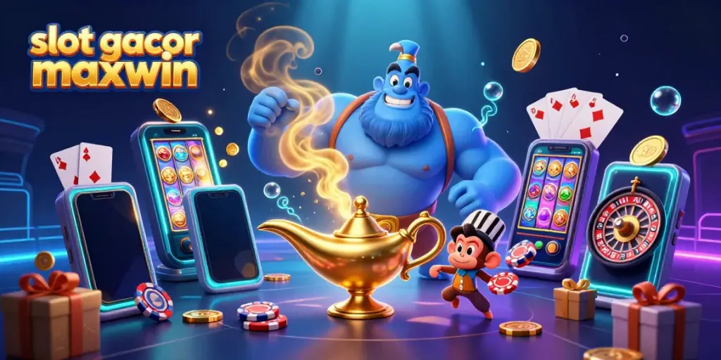 Experience the thrill of online gaming with the vibrant scene depicting the "slot gacor maxwin" world featuring a genie, magic carpet, and casino symbols.