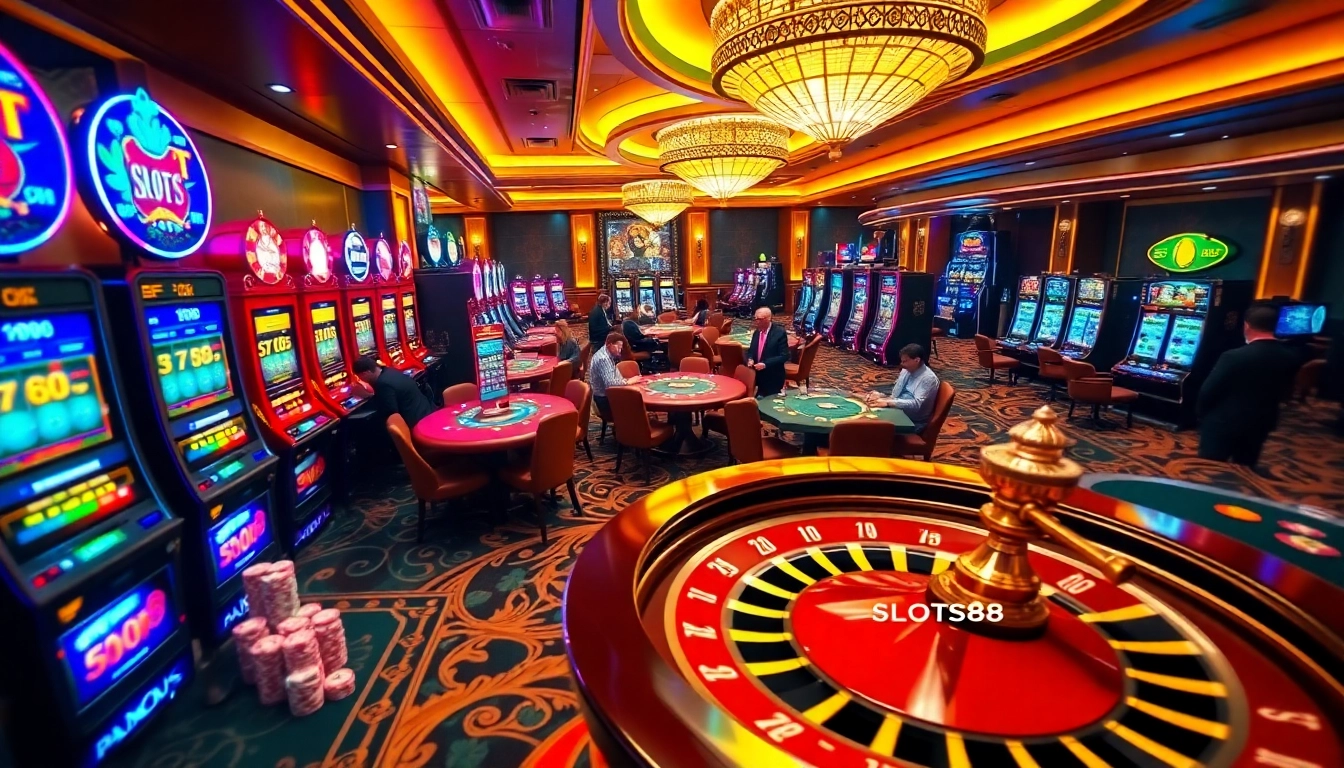 Action-packed scene of SLOTS8 slot machines and poker tables within a luxurious casino.