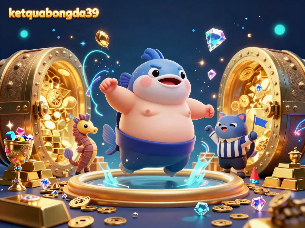 Join the excitement at ketquabongda39, where the fugu blowfish battles in a rich treasure-filled underwater casino scene.