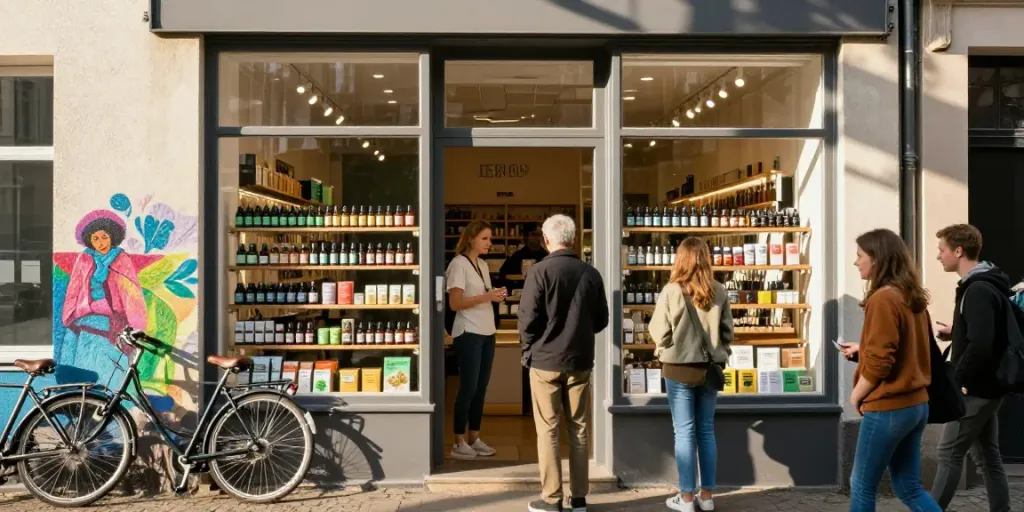 Customers exploring products at a CBD shop in Berlin, showcasing the vibrant community atmosphere.