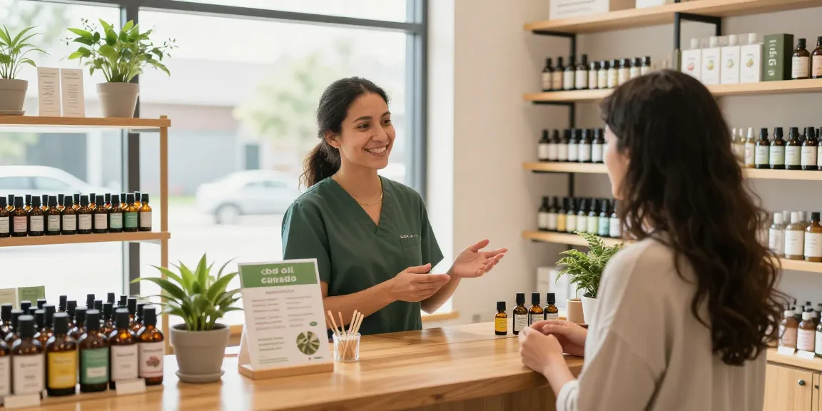 Customer exploring cbd oil canada options with expert guidance in a bright wellness shop, focusing on organic health.