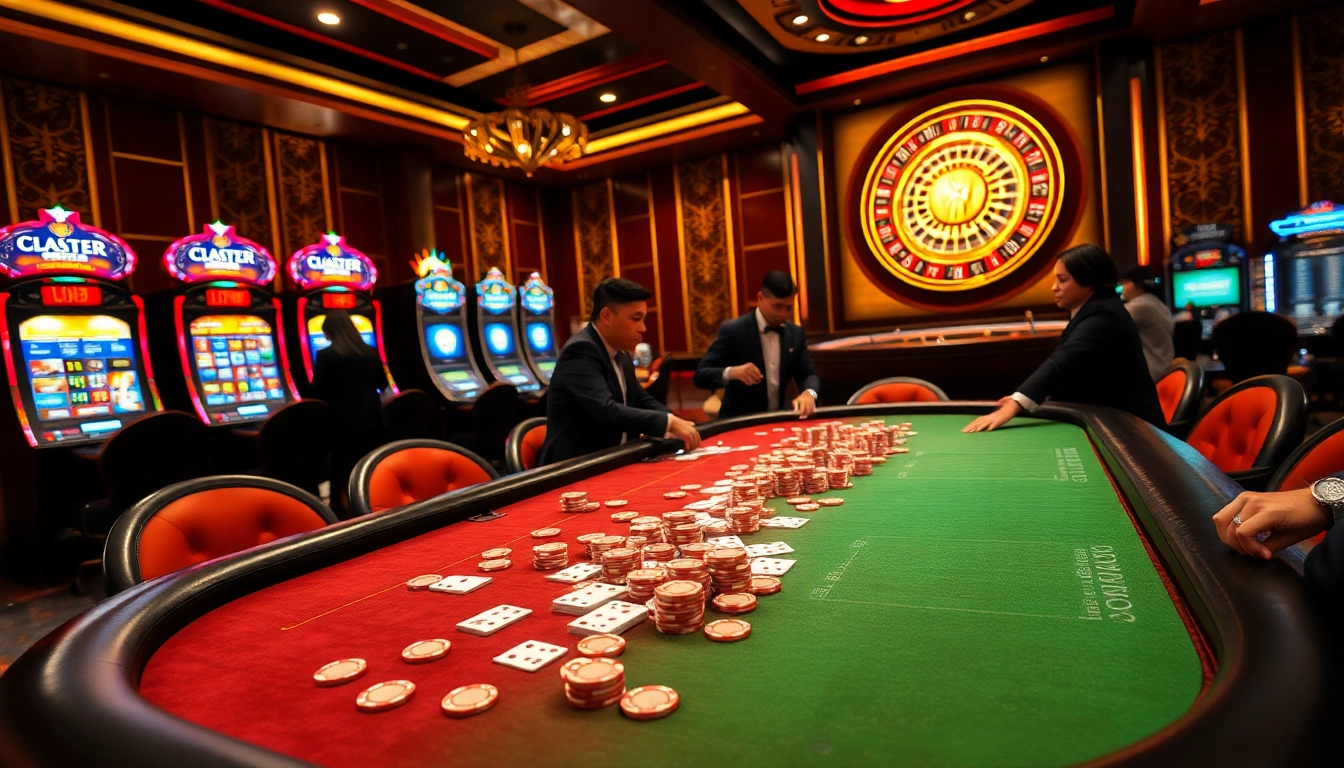 Players engaging at an Lc88 gaming table in a luxurious casino setting, showcasing vibrant colors and excitement.