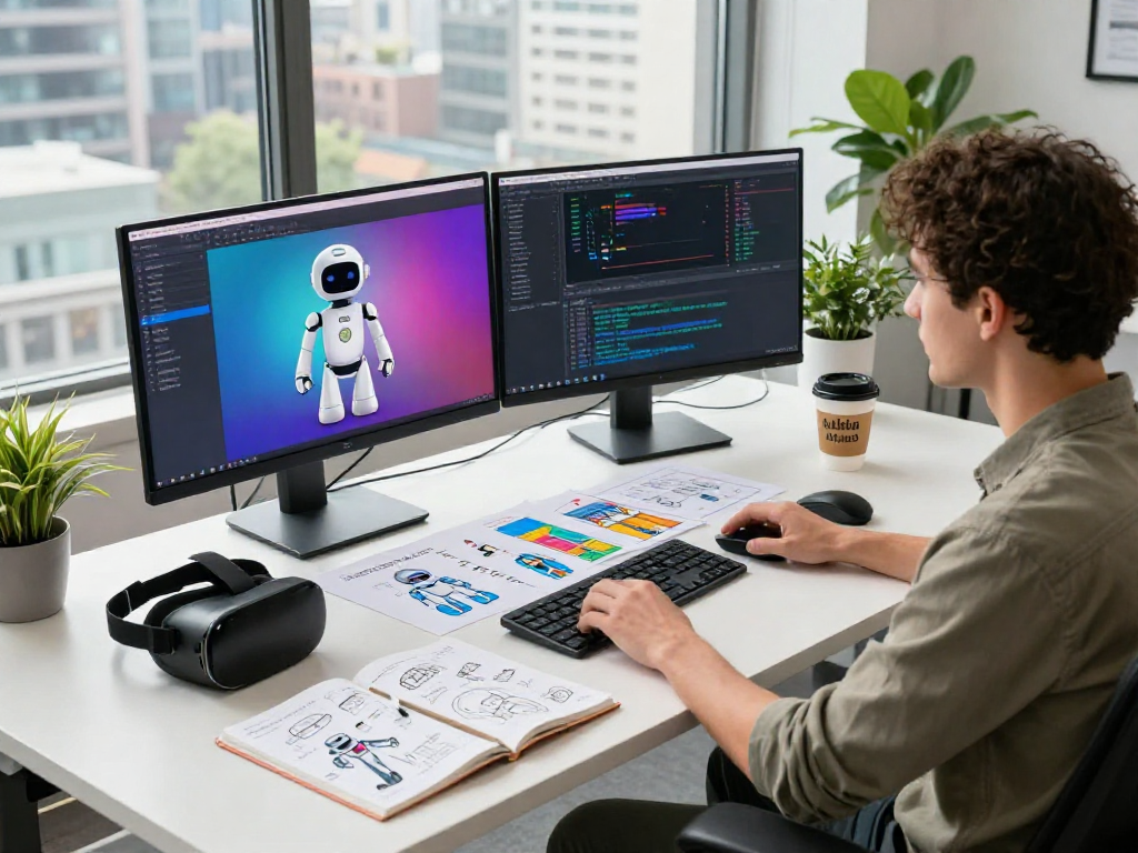 Developer coding innovative sex bot software at modern tech office.