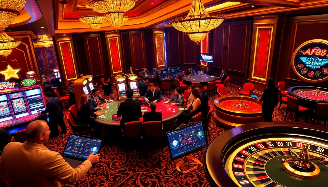 Players engaging in a thrilling poker game at AF88 casino, with vibrant slot machines in view.