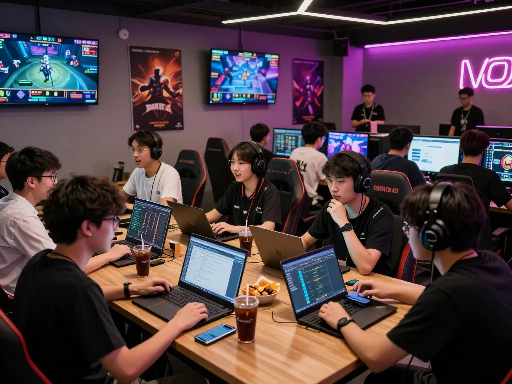 Esports betting Singapore scene with young bettors engaged in a live tournament, showcasing excitement and community.