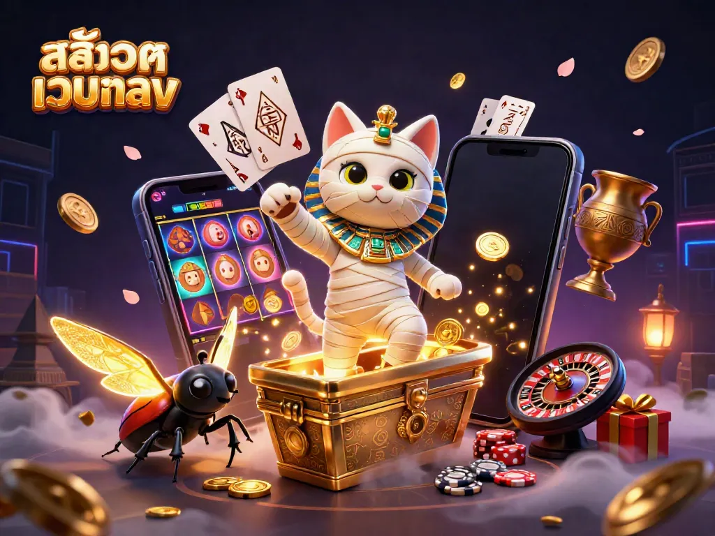 Experience the excitement of สล็อตเว็บตรง in a vibrant cartoon casino scene with mummy cat and gaming elements.