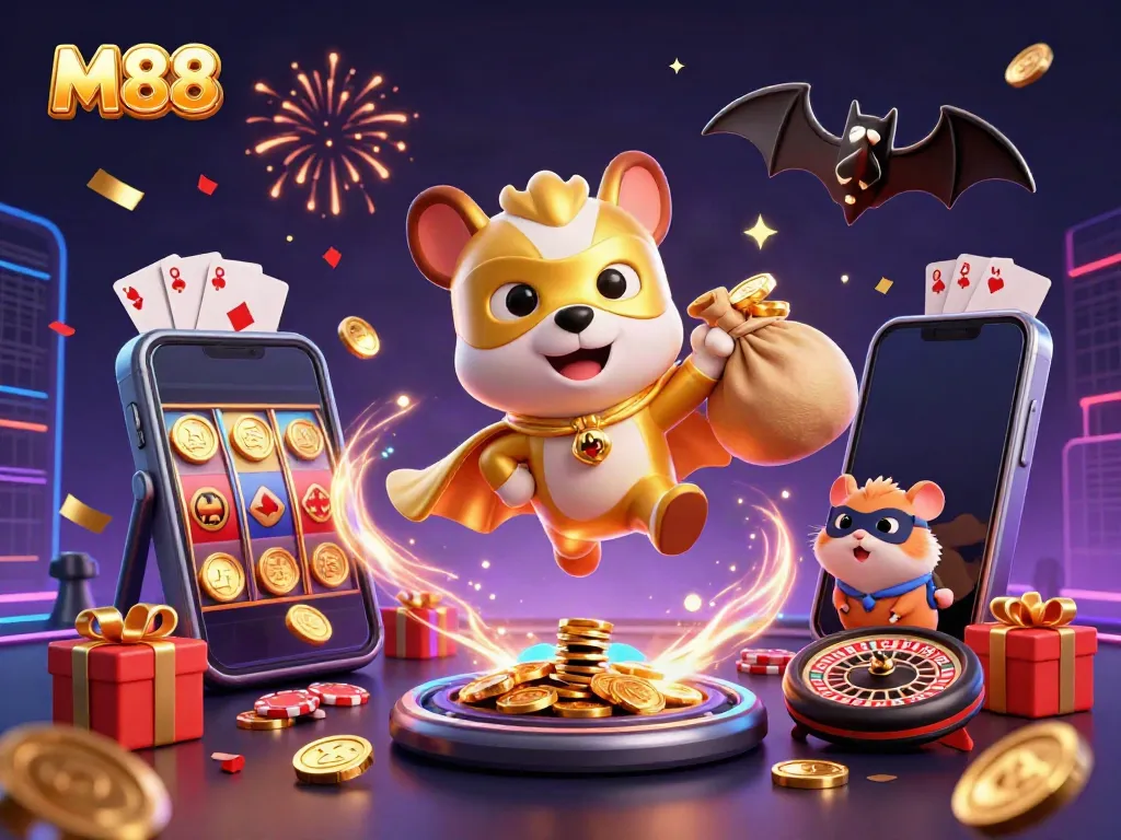 Spin to win at M88 with our superhero dog and hamster duo in a dynamic casino scene!