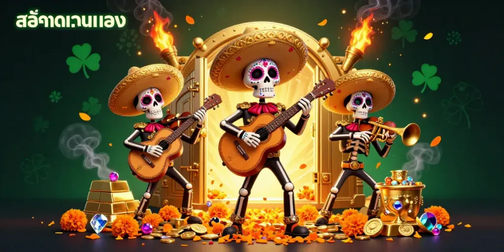 Engage with สล็อตเว็บตรง in a vibrant scene featuring a Day of the Dead mariachi band amidst treasures.