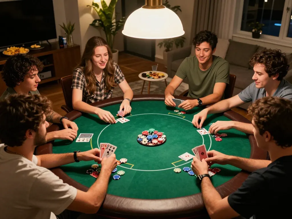 Poker night ambiance featuring tor hidden wiki links, showcasing friends in a competitive yet friendly game.