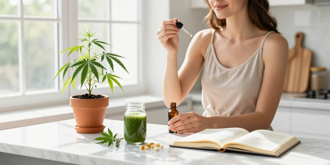 Muha med CBD oil tincture in a bright kitchen wellness routine, showcasing organic ingredients and natural health.
