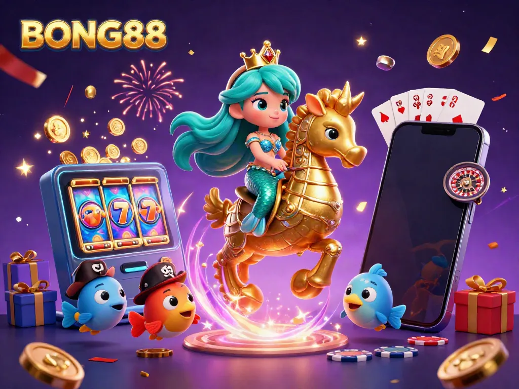 BONG88 casino illustration showing a mermaid, seahorse, and vivid game elements creating a festive atmosphere.