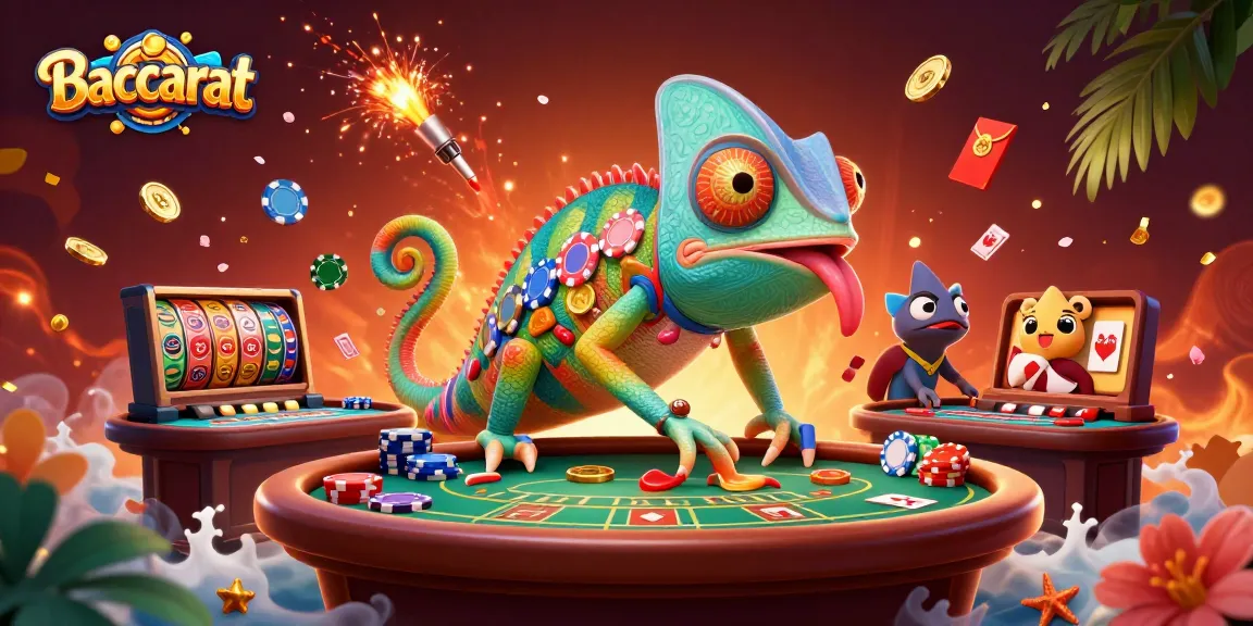 Baccarat scene with a colorful chameleon casino owner among floating cards and festive elements.