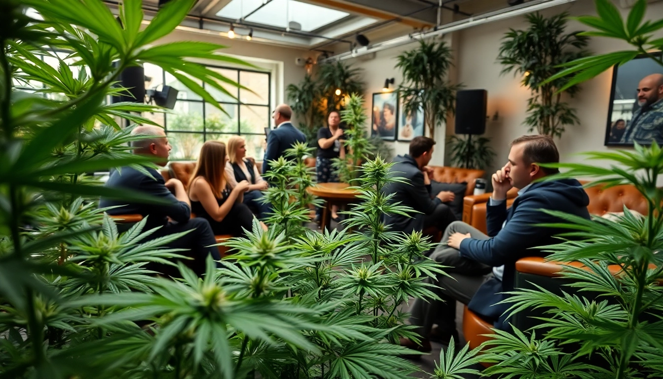 Impression des cannabis club hamburg mit Mitgliedern in entspannter Atmosphäre, Pflanzen im Hintergrund.