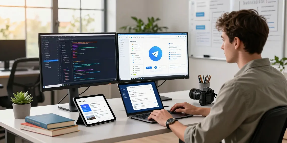 Developer enhancing telegram官网 user experience in a modern tech workspace.
